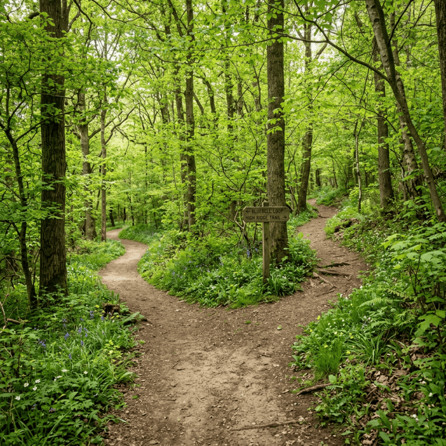 Forked dirt trail in lush green forest with signpost for Bluebell Loop and High Ridge Trail