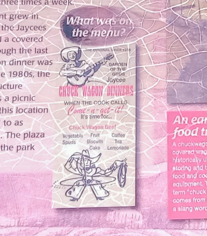 A menu for 'Chuck Wagon Dinners' featuring items like Chuck Wagon Beef, vegetable spuds, fruit, biscuits, cake, coffee, tea, and lemonade. The menu includes a cowboy illustration and playful text inviting diners to come and get it.